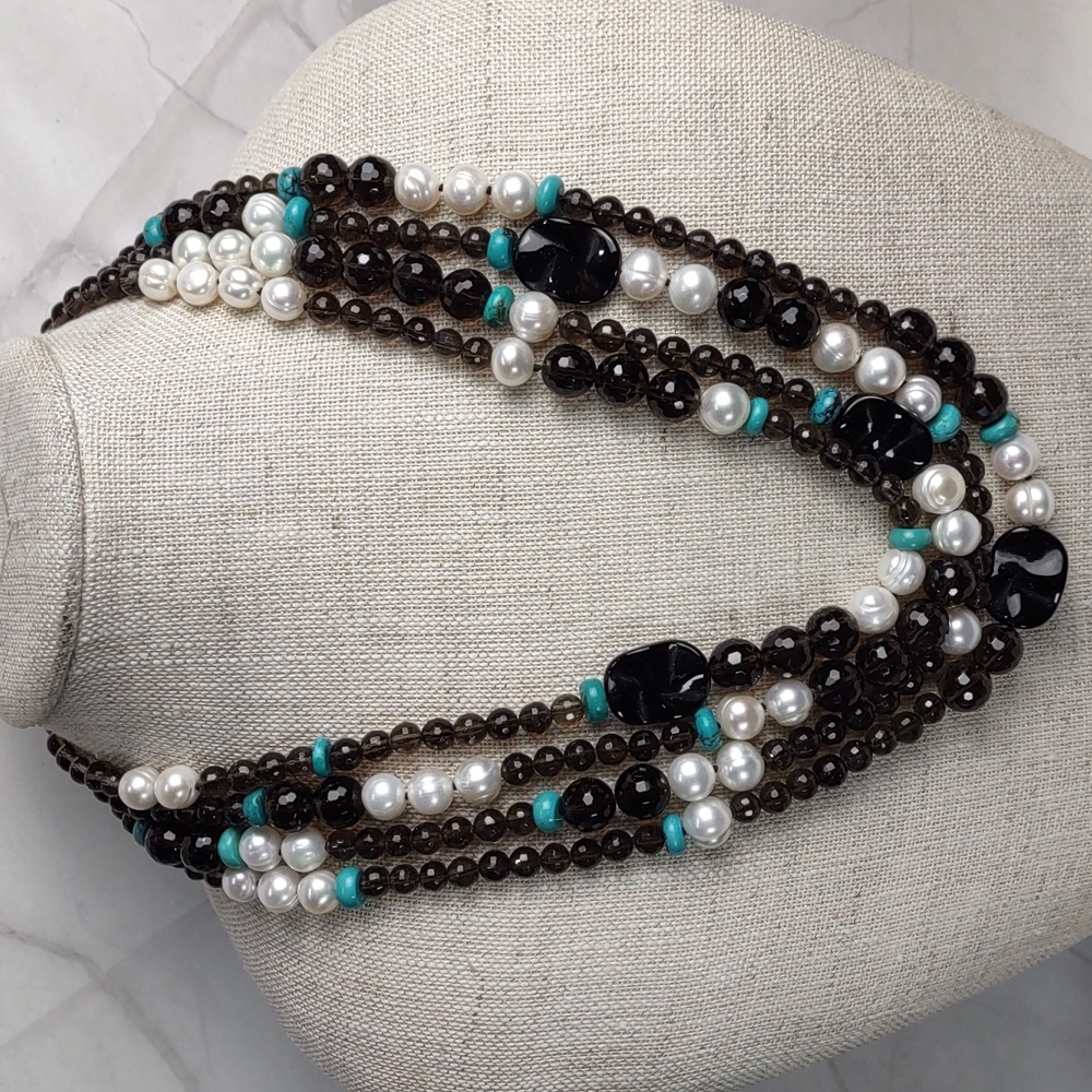 Smoky Quartz/Pearl/Turquoise/Onyx Layered Necklace